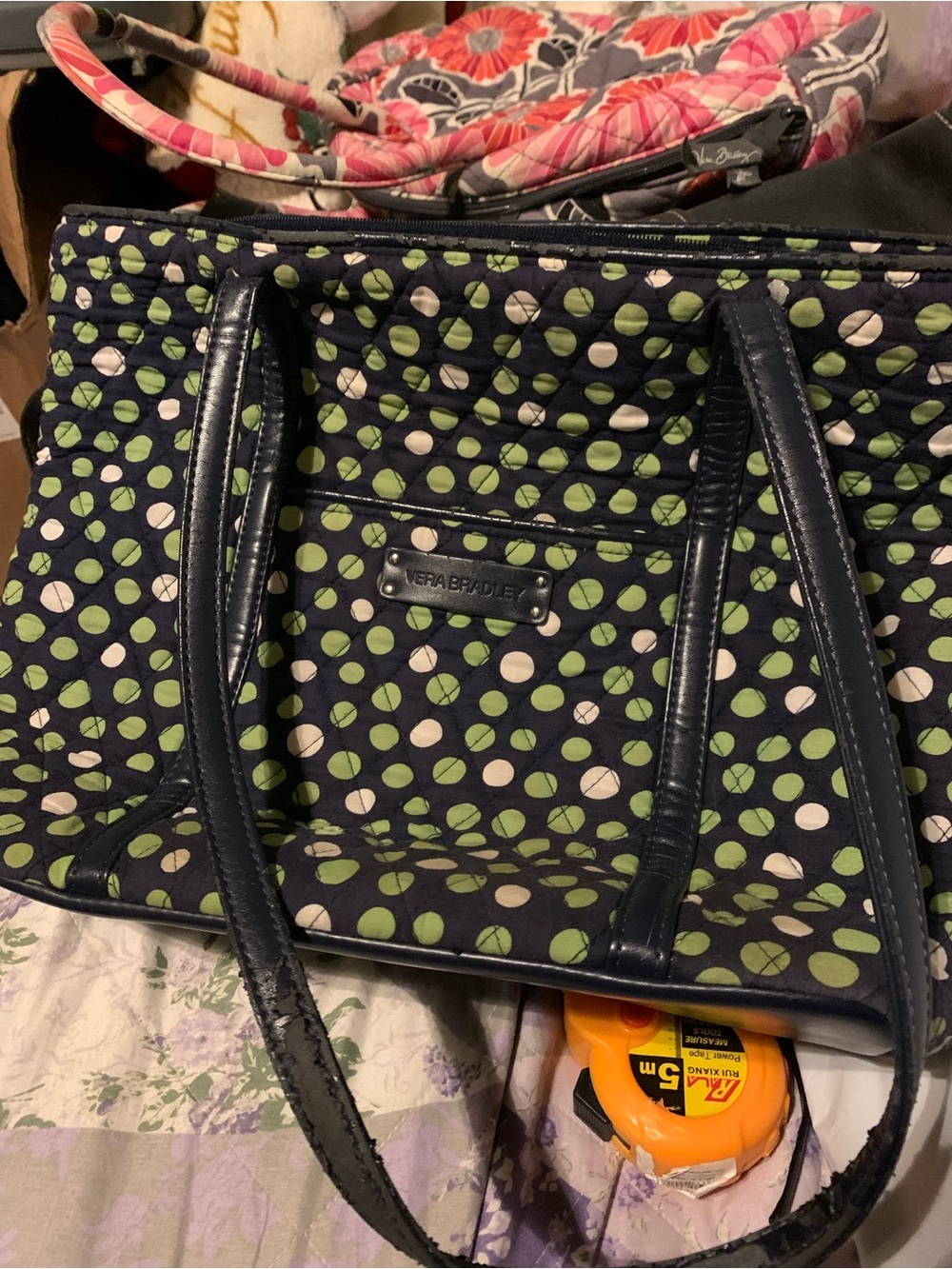 Vera Bradley Navy Tote with Green and White Polka Dots